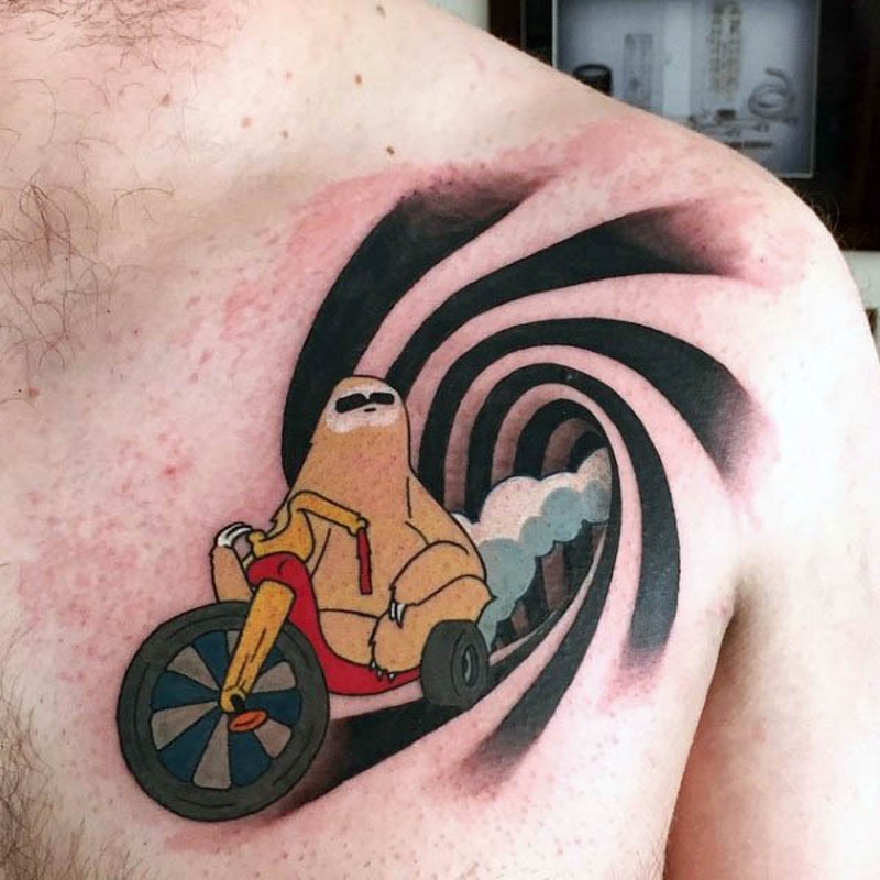 Thug like colored sloth on bike chest tattoo