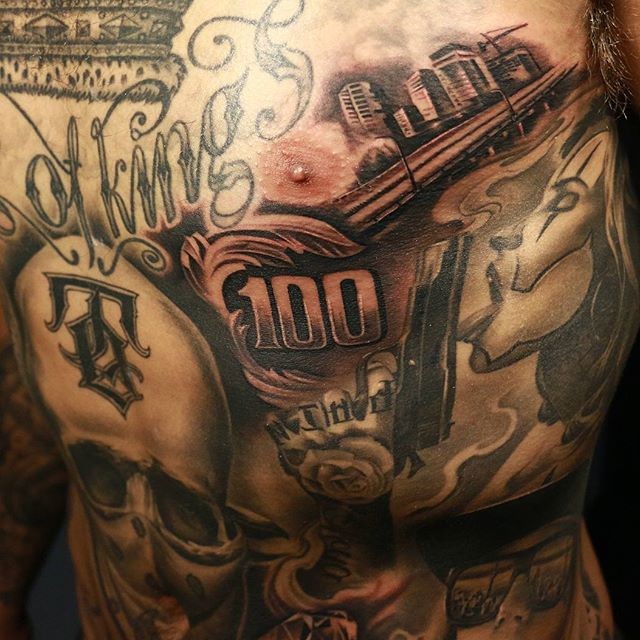 Thug themed multicolored chest tattoo of bandits with guns and dollar bills