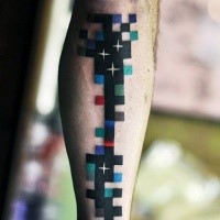 2D style colored arm tattoo