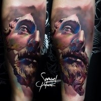 3D style colored arm tattoo of broken statue portrait