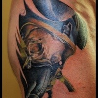 3D style colored skull with pilot helmet tattoo
