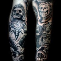 3D antic black ink forearm tattoo of tribal statues