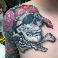 3D cartoon like colored shoulder tattoo of pirate skull with roses and pistol