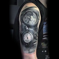 3D detailed black and white compass with clock shoulder tattoo