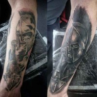 3D detailed black ink forearm tattoo of angry Spartan warrior
