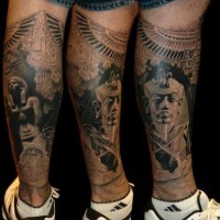 Tatuaje en la pierna,
tema antiguo egipcio  detallado negro blanco
