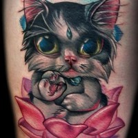 3D funny colored sweet cat tattoo combined with lotus flower