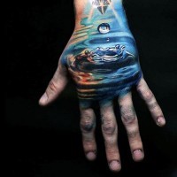 3D like amazing colored big water drop tattoo on hand