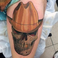 3D like big colored cowboy skull with hat and golden tooth on thigh