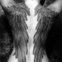 3D grande dettagliato bianco e nero ali d'angelo tatuaggio su tutta la schiena
