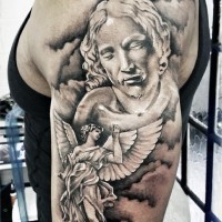 3D like black and white big angel statues tattoo on arm