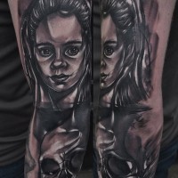 3D like black and white girl portrait tattoo on half sleeve with human skull
