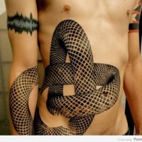 3D like black and white infinity symbol like tattoo on arm and belly