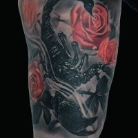3D like black ink scorpion with flower tattoo on thigh