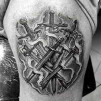 3D like black ink various medieval sword tattoo on thigh