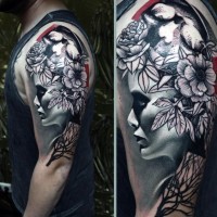 3D like colored creepy woman with flowers shoulder tattoo