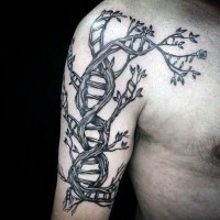 3D like colored DNA shaped tree with flower tattoo on shoulder
