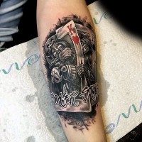 3D like colored mystical playing cards tattoo on arm