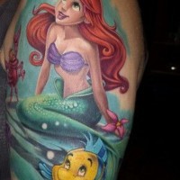 3D like colorful Ariel mermaid from cartoon tattoo on shoulder with fish and crab