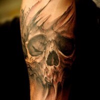 3D like detailed black and white old skull tattoo on arm