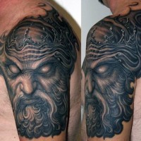 3D like detailed evil Poseidon monster tattoo on shoulder area