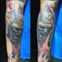 3D like detailed natural looking samurai mask tattoo on forearm