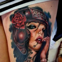 3D like detailed painted colored smoking woman fighter tattoo on thigh with flower