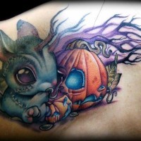 3D like funny cartoon rabbit monster tattoo on back with pumpkin