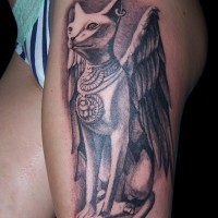 3D like gorgeous black ink thigh tattoo of Egypt cat statue with wings