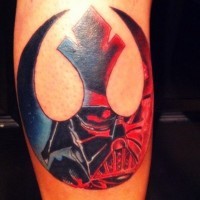 3D like gorgeous colored Rebel emblem tattoo on forearm stylized with Darth Vaders mask