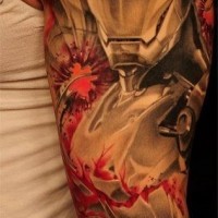 3D like half colored Iron man tattoo on sleeve combined with demonic skull