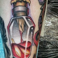 3D like little mystical colored bottle tattoo on arm