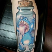 3D like massive colored cartoon Stitch in bottle tattoo on leg