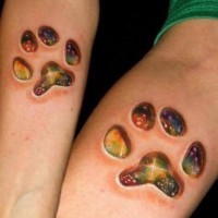 3D like multicolored animal prints stylized with stars tattoo on arms