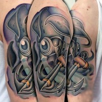 3D like multicolored little squid shoulder tattoo with anchor