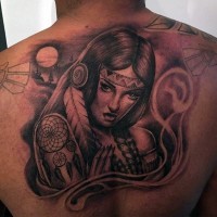 3D like natural looking colored seductive Indian woman tattoo on upper back stylized with dream catcher