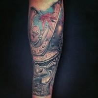3D like natural looking multicolored forearm tattoo of samurai mask with tree leaf