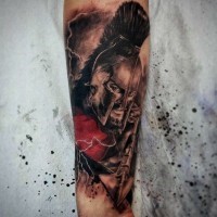 3D like painted and colored firearm tattoo of angry Spartan warrior with pike
