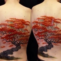 Tatuaje en la espalda, árbol extraordinario 3D de estilo asiático