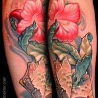 3D like very beautiful flower tattoo on forearm with old book