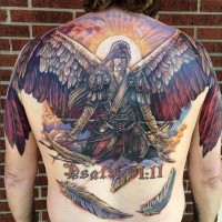 3D like very detailed colored angel warrior tattoo on whole back with lettering