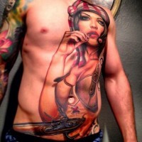 3D like very detailed realistic military woman tattoo on whole chest