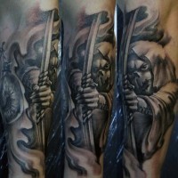 3D like very realistic detailed mystical monster archer tattoo on arm
