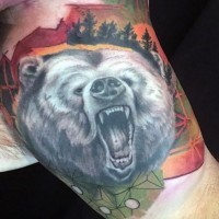 3D like very realistic looking black and white roaring massive bear tattoo on biceps