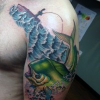 3D like very realistic looking multicolored fisherman with fish tattoo on shoulder zone