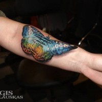 3D like very realistic natural colored big butterfly tattoo on arm