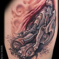 3D marvelous painted colored biomechanical tattoo on leg