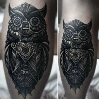 3D mystical very detailed mechanical owl tattoo on leg