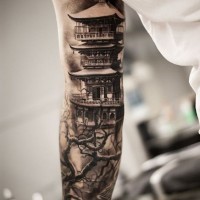 3D natural looking big sleeve tattoo of antic Asian house