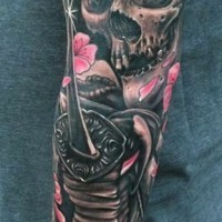 3D natural looking colored detailed samurai skeleton with armor tattoo on forearm